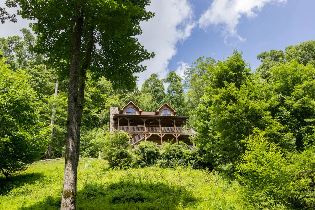 This scenic exterior image features the wooden cabin nestled among tall trees, with a landscaped yard inviting exploration and play. The environment is ideal for outdoor activities like hiking, nature walks, and enjoying the serenity of the Blue Ridge surroundings.